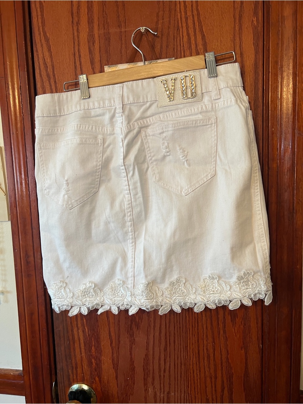White Denim Mini Skirt with Lace Hem